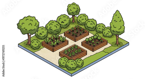Isometric garden design with raised beds and lush trees