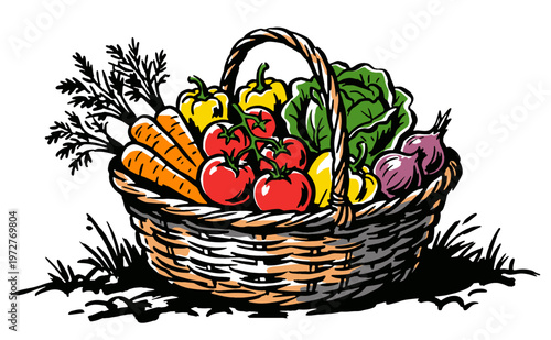 Eat well live well. Harvest basket design. Organic vegetable farm, colorful produce vector artwork for t-shirt print, poster, and sticker.