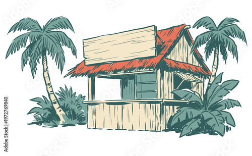 Tropical beach shack. Endless summer artwork. Island hut vintage design. Surf club vibe illustration for poster, sticker, t-shirt print.
