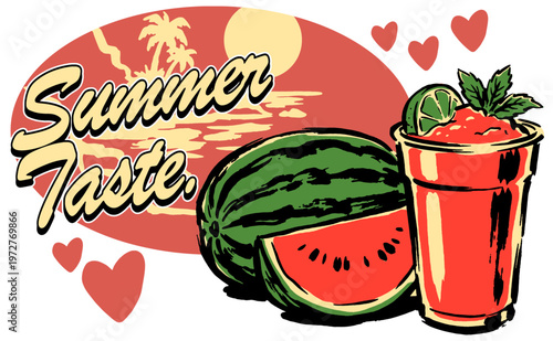 Summer taste. Watermelon smoothie tropical artwork. Fresh fruit club design for t-shirt print, poster, sticker, background and other uses.
