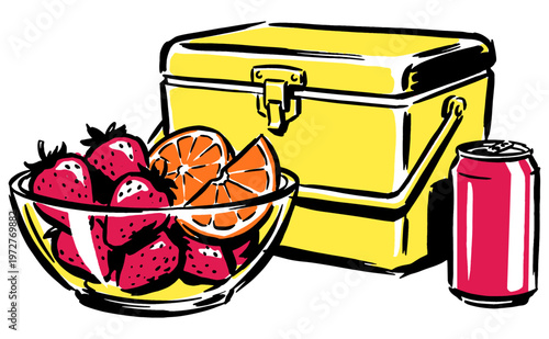 Summer picnic vibes artwork. Fresh strawberries, oranges and cooler box club design. Sunny day out graphic print for poster, sticker and apparel.