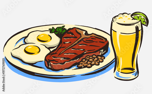Pub classic meal artwork. Steak and eggs vintage food design. Hearty dinner print for menu, poster, sticker, and apparel.