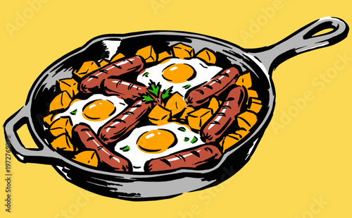 Hearty breakfast skillet artwork. Rustic morning meal design. Eggs, sausages and potatoes for t-shirt print, poster, sticker, and kitchen decor.