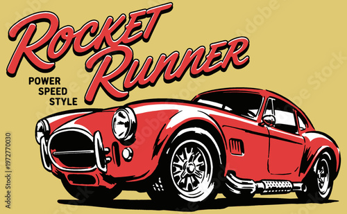 Rocket Runner. Classic sports car speed graphic. Vintage racing club vector art for t-shirt print, poster, sticker, and apparel design.