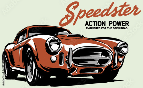 Speedster Action Power. Classic roadster print design for t-shirt, poster, sticker and decor. Vintage racing aesthetic. Unleash the open road.