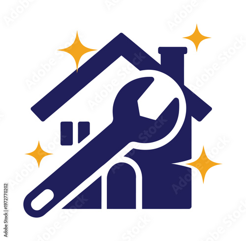 Stylized vector of a house and a large wrench with sparkling stars around it