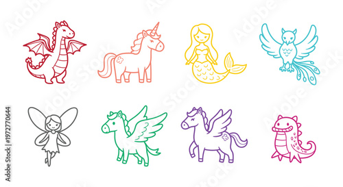 Cute Colorful Mythical Creature Outline Icon Set — Dragon, Unicorn, Mermaid, Fairy, Pegasus, Griffin Vector Illustrations