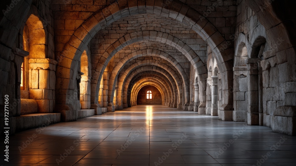 Fototapeta premium Serene Monastery Hallway with Repeating Stone Arches and Warm Lighting