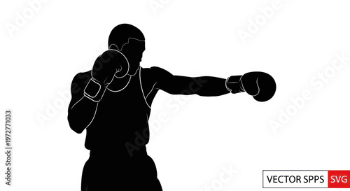 Silhouette of a male boxer throwing a punch, isolated on white background