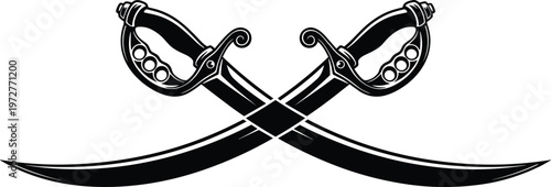 Crossed sabers silhouette illustration, military honor artwork, sword emblem design collection, black white figure set, stylized weapon profiles