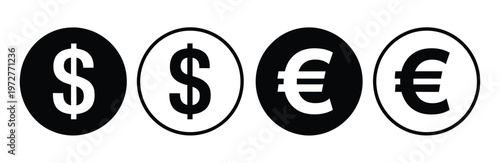 Currency finance icon set, vector symbols of dollar and euro representing money, wallet, payment, banking, and financial transactions for digital applications, fintech platforms, and UI design systems