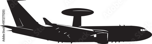 Silhouette of an airborne early warning and control (awacs) aircraft with a rotating radar dome on top with airplane silhouette with military aircraft with air force with electronic warfare