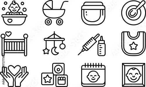 Food and beverage outline icon set with cooking utensils coffee cup meal bowl organic ingredients and kitchen service symbols vector collection