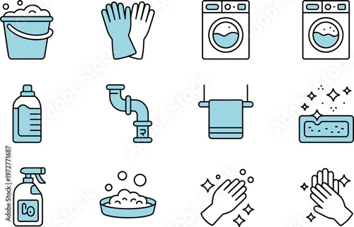Household cleaning and hygiene outline icon set with washing machine gloves detergent hand wash and sanitation tools vector collection
