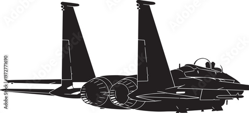 Silhouette of an f-15 eagle fighter jet viewed from the rear, showing its twin engines and tail fins, military aircraft, air force, twin engine, combat aircraft, air superiority, black and white