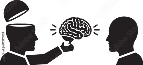 Conceptual vector illustration of a person sharing their brain with another, symbolizing knowledge transfer, education, and mentoring.