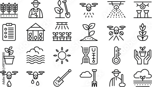 Smart agriculture and farming technology outline icon set with drones irrigation tools crops weather monitoring and sustainable cultivation vector collection