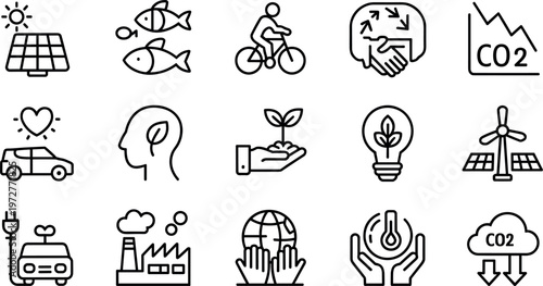 Sustainable energy and environmental conservation outline icon set with solar panels wind turbines recycling eco transport and green technology vector collection