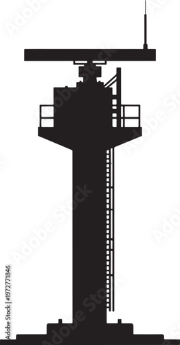 Silhouette of a radar tower with an antenna array on top, used for surveillance and navigation, air traffic control, black and white