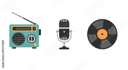 Retro audio collection: vintage radio, microphone, and vinyl record