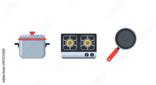 Modern kitchen essentials: flat style cooking pot, stove, and frying pan