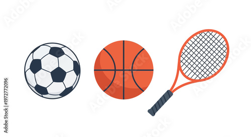 Sports equipment icons: soccer ball, basketball, tennis racket