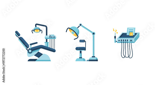 Modern dental clinic equipment in flat design layout