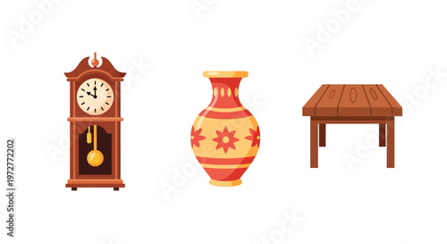 Vintage clock, decorative vase, wooden table - classic home decor elements