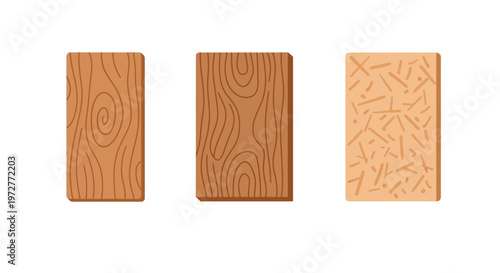 Three types of wooden texture panels: solid, hardwood, particle board design