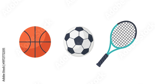 Colorful sports equipment featuring basketball, soccer ball, and tennis racket