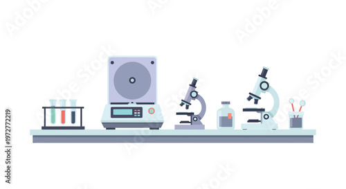 Modern laboratory equipment on shelf with microscopes and test tubes