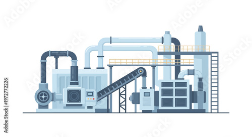 Industrial factory equipment in flat design with conveyor belt and machinery