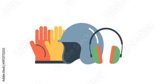 Safety equipment set: helmet, gloves, and ear protection in flat design