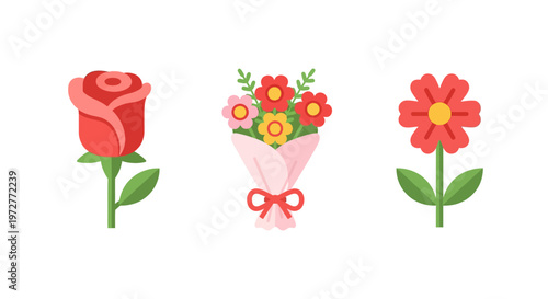 Colorful floral set with rose, bouquet, and daisy on white background