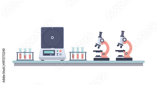 Modern laboratory equipment with microscopes and centrifuge in flat style
