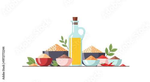 Diverse grain selection with olive oil bottle in flat design on white background