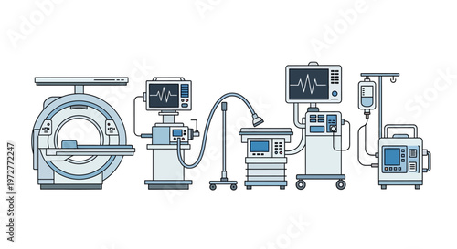 Modern linear icons of medical equipment: mri, ecg, infusion pump, and more