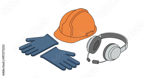 Safety gear essentials: hard hat, gloves, and headset in isometric design