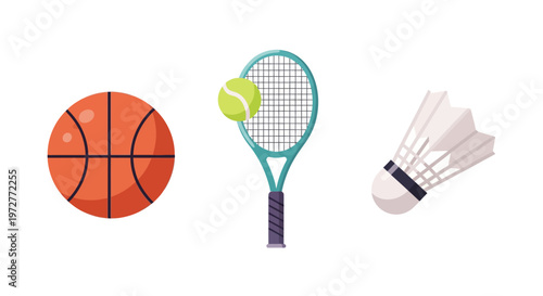 Diverse sports equipment featuring basketball, tennis, and badminton items