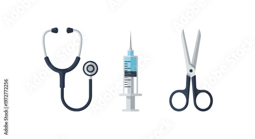 Medical equipment set featuring stethoscope, syringe, and scissors in modern design