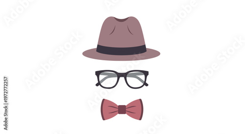 Classic minimalist fashion essentials: hat, glasses, bow tie design