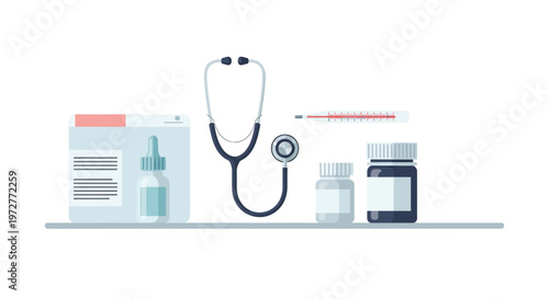 Medical equipment set with stethoscope, medicine bottles, and thermometer on white background