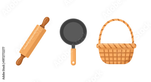 Flat kitchen tools collection featuring rolling pin, frying pan, and basket