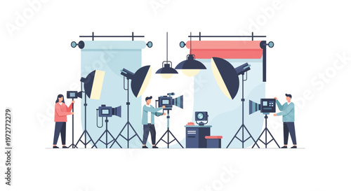 Professional photography studio setup with lighting equipment and backdrops