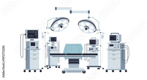Modern operating room with surgical equipment and monitors