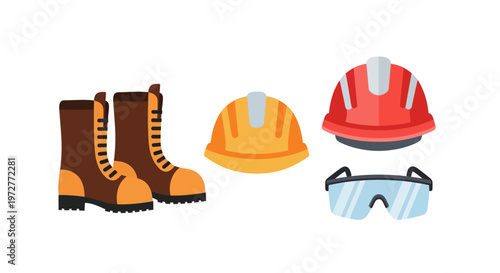 Safety equipment icons: hard hats, boots, and goggles in a flat design