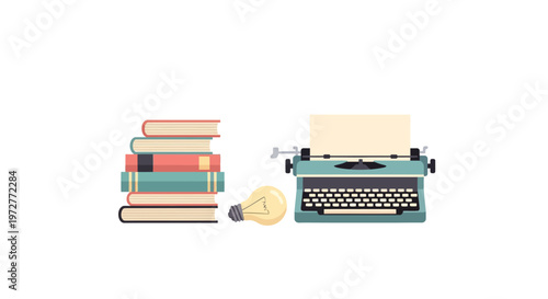 Vintage typewriter and stack of books with light bulb on white background