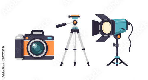 Photography equipment set featuring camera, tripod, and studio light in flat design
