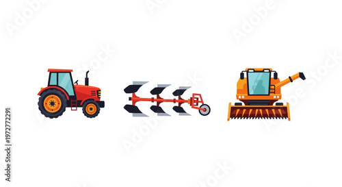 Modern agricultural equipment: red tractor, plow, and harvester on white background