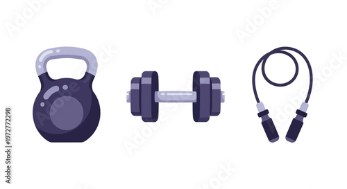 Minimalist gym equipment icons: kettlebell, dumbbell, jump rope
